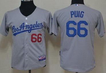 Kids Los Angeles Dodgers 66 Yasiel Puig Grey Cool Base MLB Jerseys