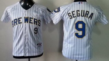 Kids Milwaukee Brewers 9 Jean Segura White Blue Strip MLB Jerseys