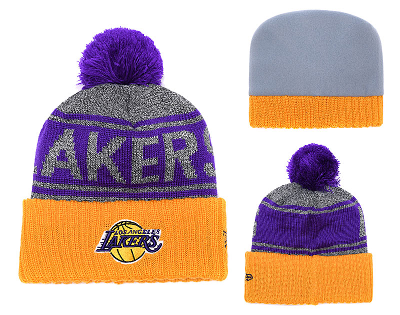 Lakers Fesh Logo Purple Yellow Pom Knit Hat YD