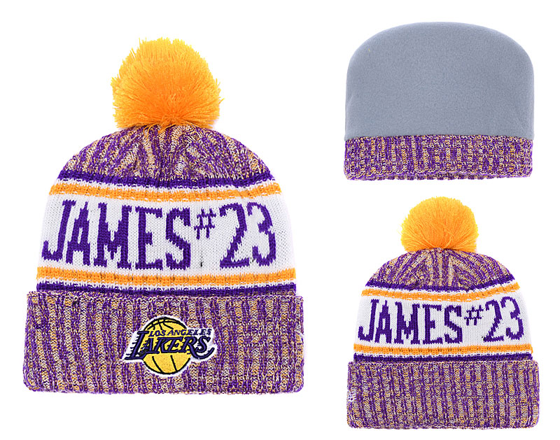 Lakers Fesh Logo Yellow Purple Pom Knit Hat YD