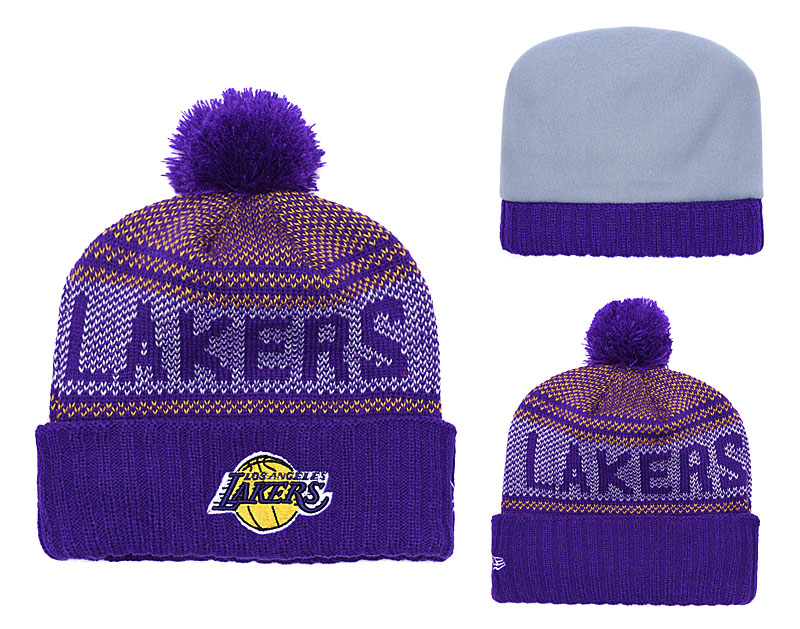 Lakers Fresh Logo Purple Pom Knit Hat YD