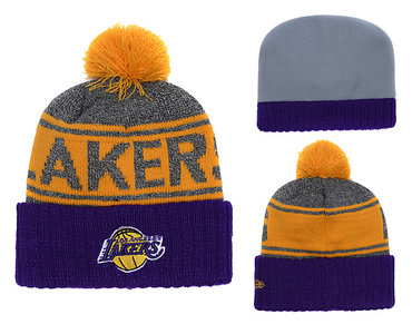 Lakers Team Logo Purple Cuffed Knit Hat With Pom YD