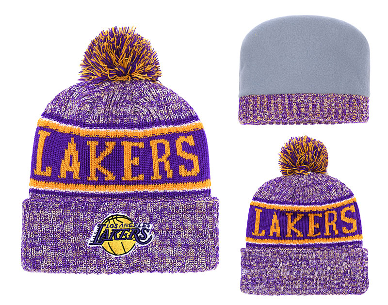 Lakers Team Logo Purple Pom Knit Hat YD