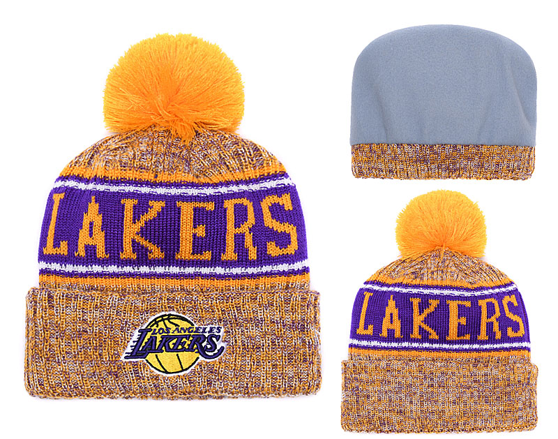 Lakers Team Logo Yellow Pom Knit Hat YD