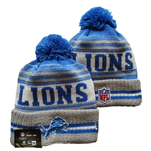 Lions Team Logo Blue And Gray Pom Cuffed Knit Hat YD