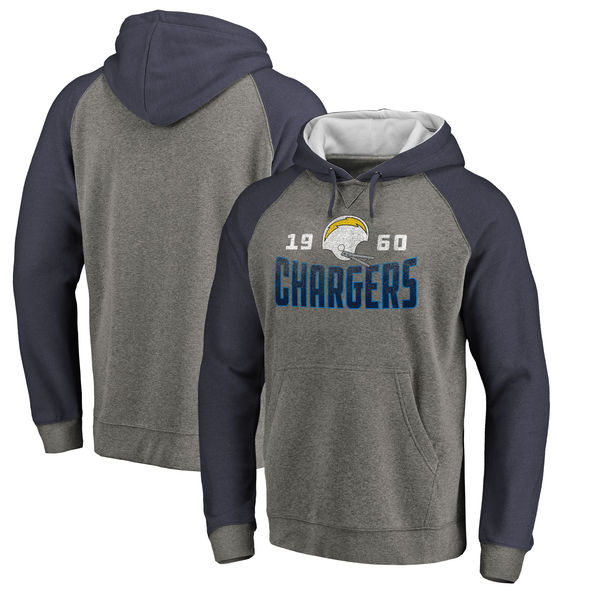 Los Angeles Chargers NFL Pro Line By Fanatics Branded Timeless Collection Antique Stack Tri-Blend Raglan Pullover Hoodie Ash