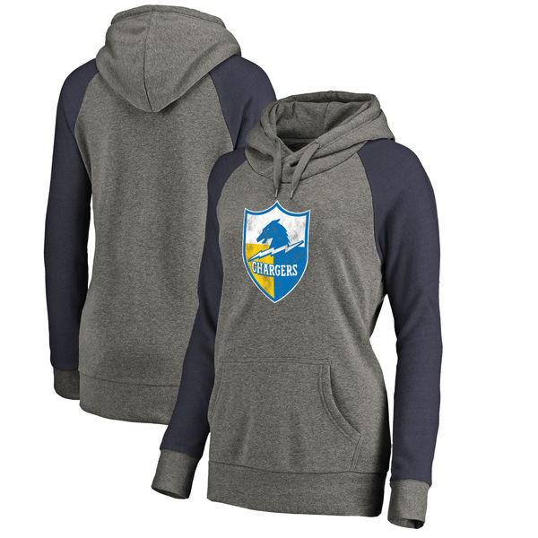 Los Angeles Chargers NFL Pro Line By Fanatics Branded Women's Throwback Logo Tri-Blend Raglan Plus Size Pullover Hoodie Gray Navy Los Angeles Chargers NFL Pro Line By Fanatics Branded Women's Throwback Logo Tri-Blend Raglan Plus Size Pullover Hoodie Gray Navy