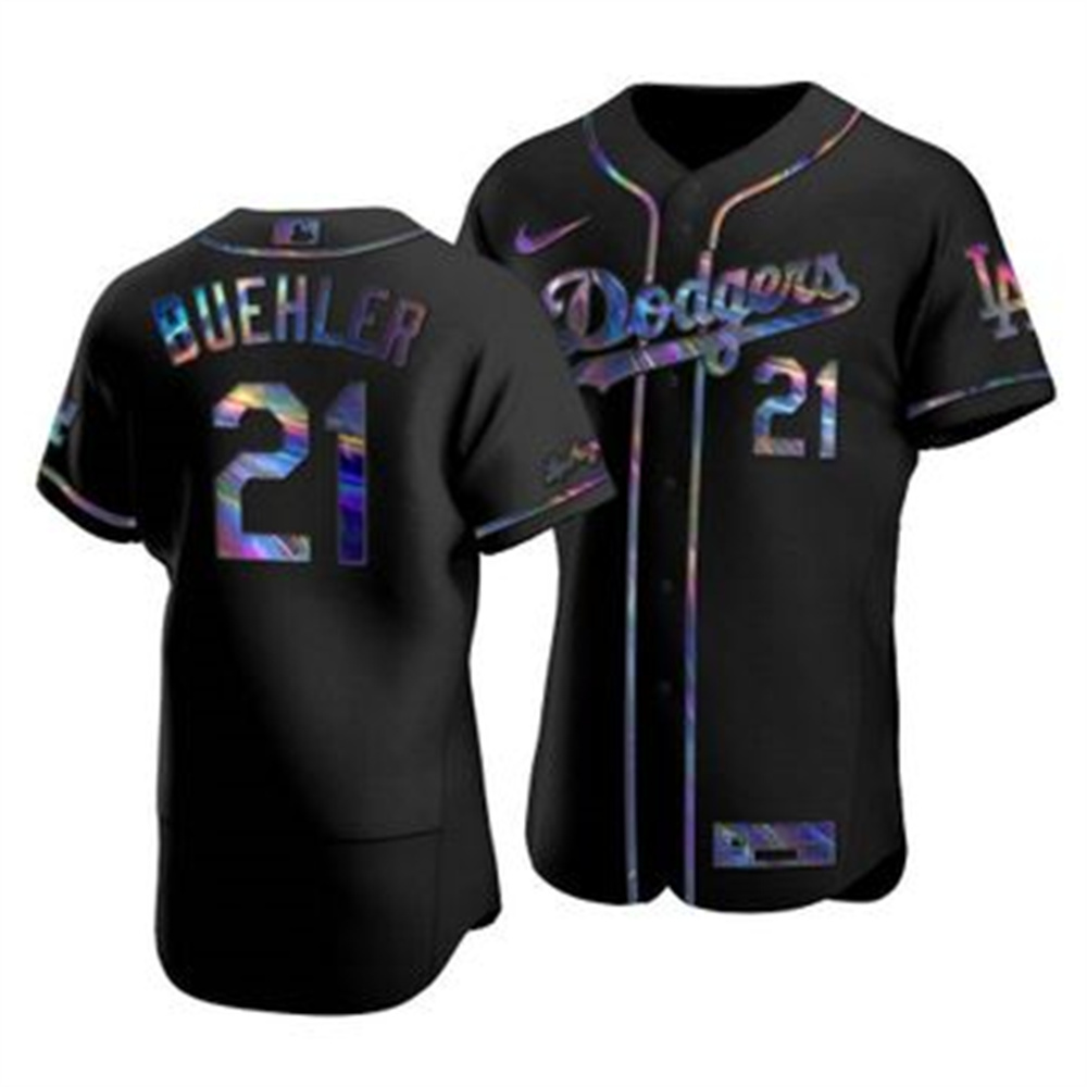 Los Angeles Dodgers #21 Walker Buehler Men's Nike Iridescent Holographic Collection MLB Jersey - Black