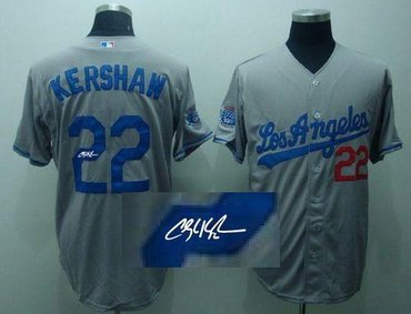 Los Angeles Dodgers #22 Clayton Kershaw Grey Cool Base Autographed Stitched Baseball Jersey