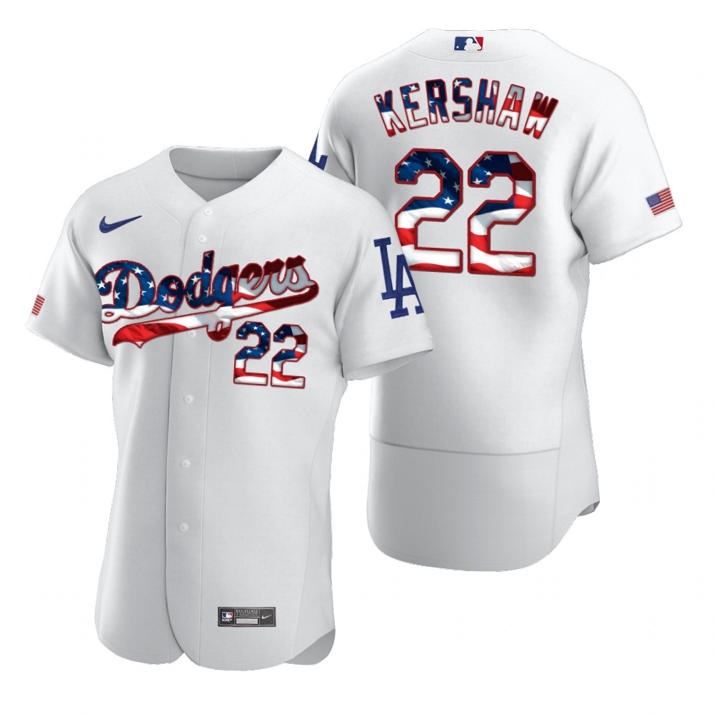 Los Angeles Dodgers #22 Clayton Kershaw Men's Nike White Fluttering USA Flag Limited Edition Authentic MLB Jersey
