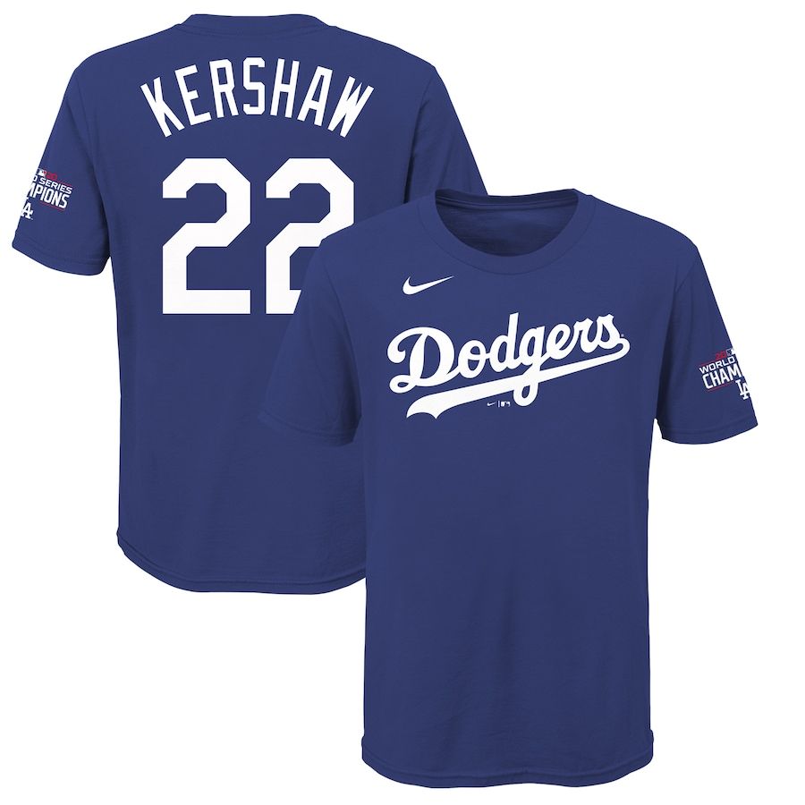 Los Angeles Dodgers #22 Clayton Kershaw Nike Youth 2020 World Series Champions Name & Number T-Shirt Royal