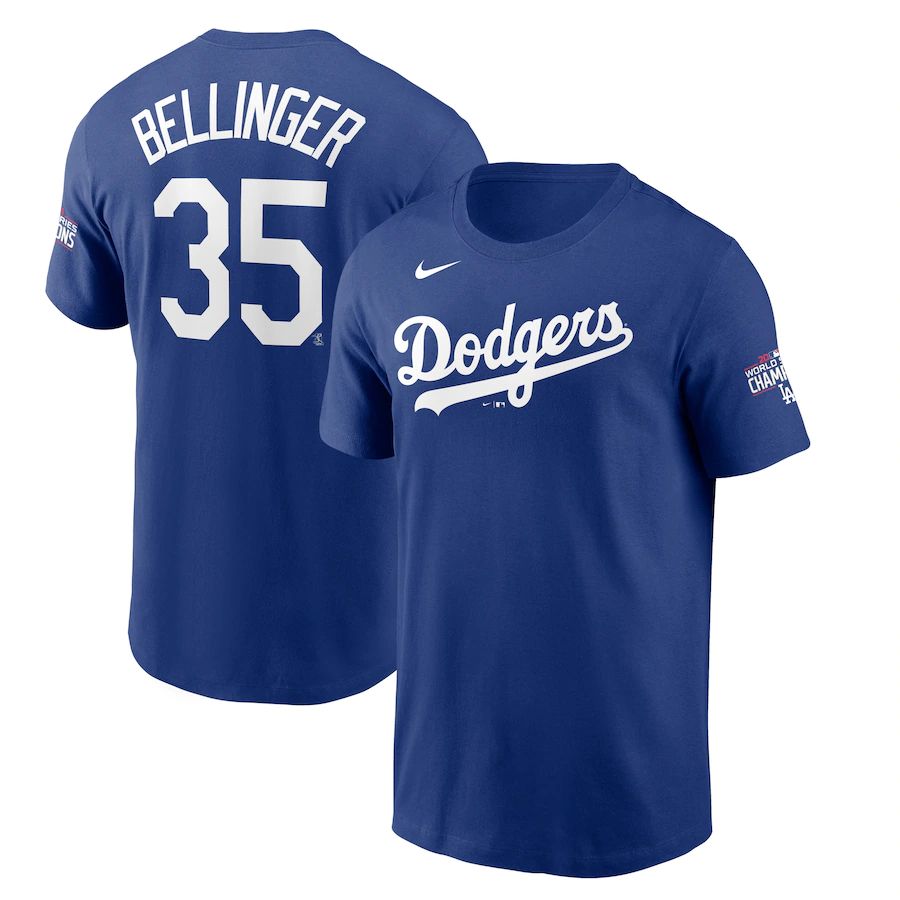 Los Angeles Dodgers #35 Cody Bellinger Nike 2020 World Series Champions Name & Number T-Shirt Royal