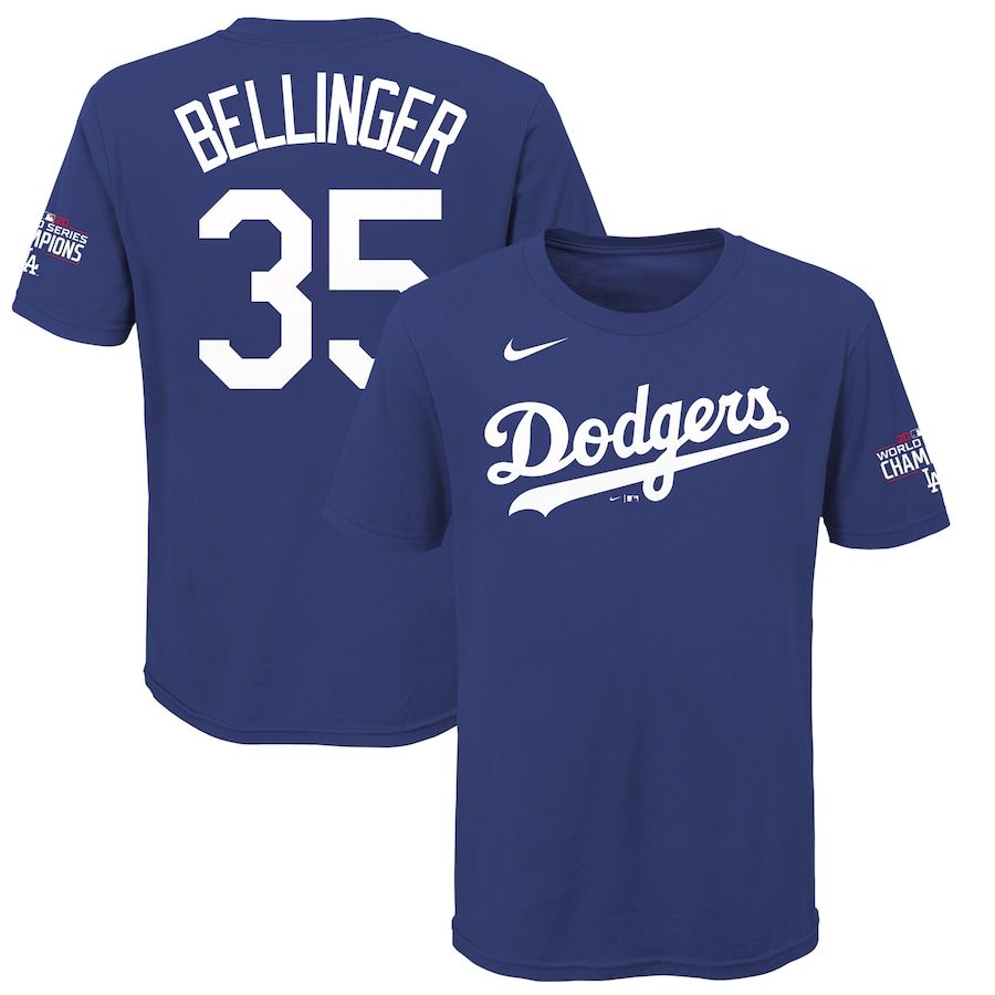 Los Angeles Dodgers #35 Cody Bellinger Nike Youth 2020 World Series Champions Name & Number T-Shirt Royal
