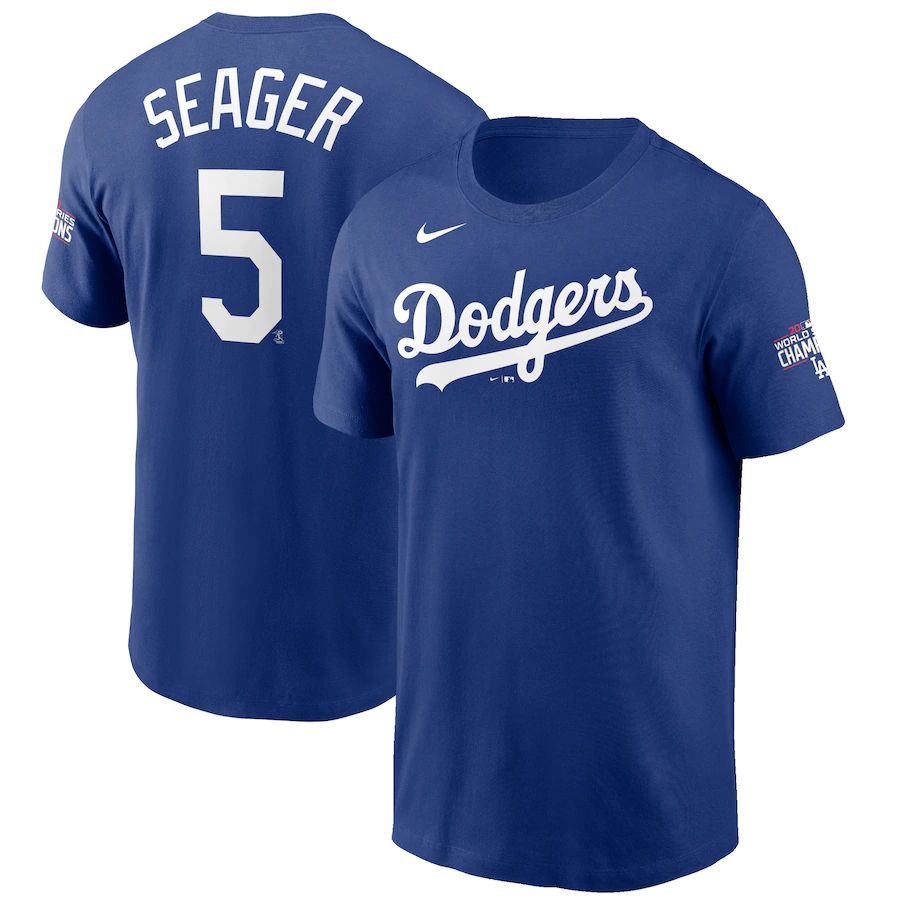 Los Angeles Dodgers #5 Corey Seager Nike 2020 World Series Champions Name & Number T-Shirt Royal
