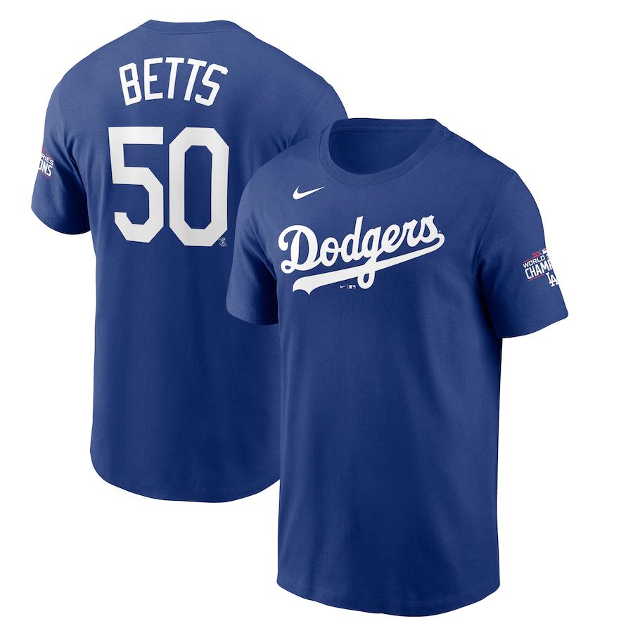 Los Angeles Dodgers #50 Mookie Betts Nike 2020 World Series Champions Name & Number T-Shirt Royal