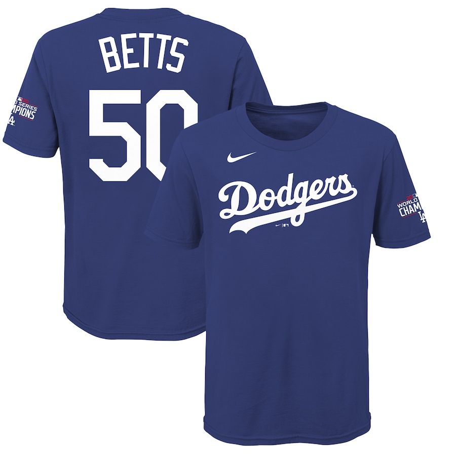 Los Angeles Dodgers #50 Mookie Betts Nike Youth 2020 World Series Champions Name & Number T-Shirt Royal