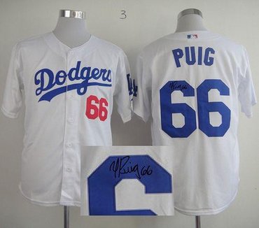 Los Angeles Dodgers #66 Yasiel Puig White Cool Base Autographed Stitched Baseball Jersey
