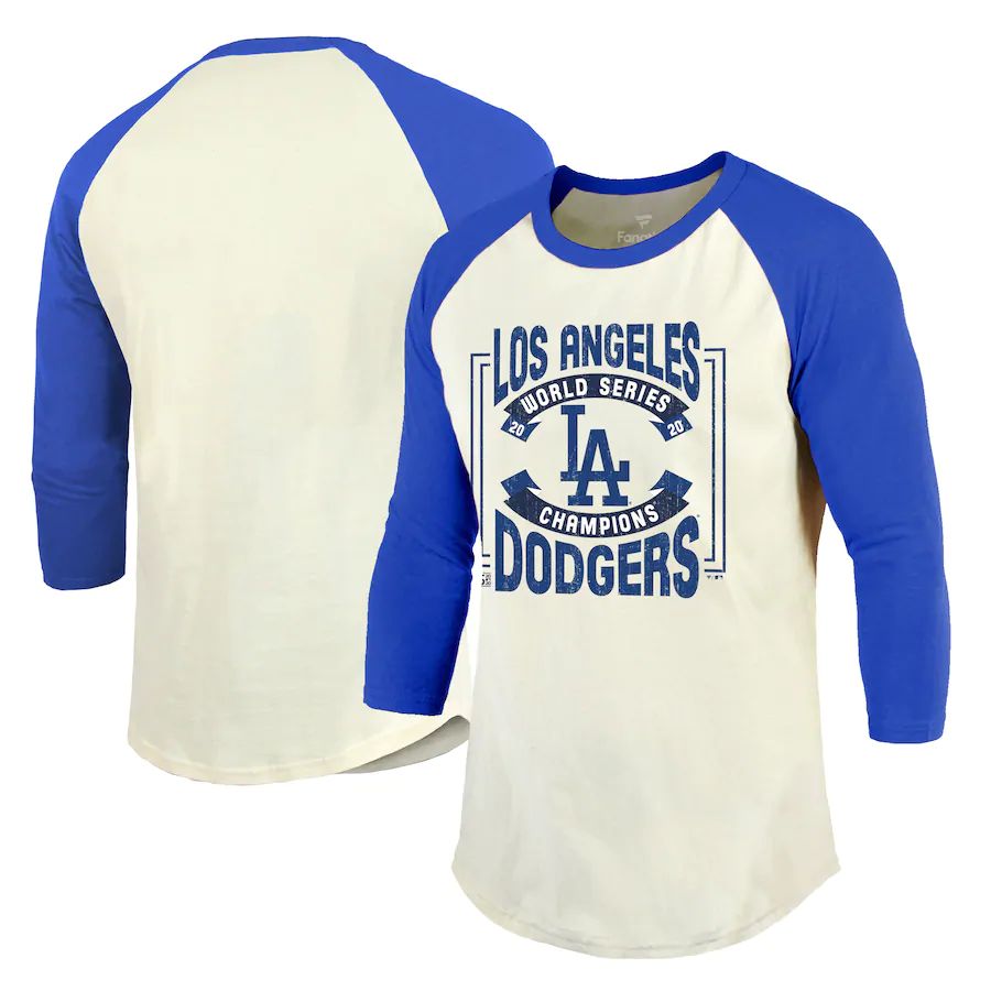 Los Angeles Dodgers 2020 World Series Champions Divide & Conquer 3 4-Sleeve T-Shirt Cream Royal