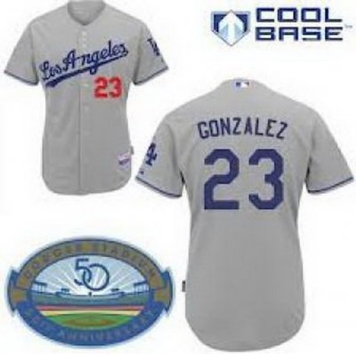 Los Angeles Dodgers 23 Adrian Gonzalez Gray Cool Base MLB Jerseys W 50th Patch
