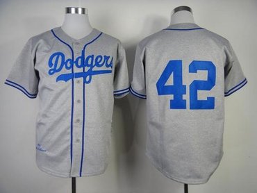 Los Angeles Dodgers Mitchell and Ness 1955 #42 Jackie Robinson Grey Throwback Stitched Baseball Jersey