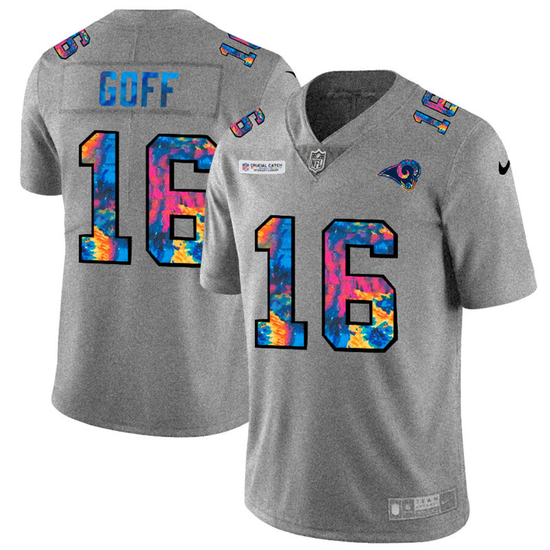 Los Angeles Rams #16 Jared Goff Men's Nike Multi-Color 2020 NFL Crucial Catch NFL Jersey Greyheather Los Angeles Rams #16 Jared Goff Men's Nike Multi-Color 2020 NFL Crucial Catch NFL Jersey Greyheather