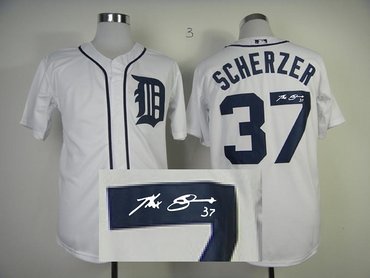 MLB Detroit Tigers 37 Scherzer White Signed Jersey
