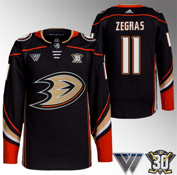 Men's Anaheim Ducks #11 Trevor Zegras Black 30th Anniversary Stitched Jersey Men's Anaheim Ducks #11 Trevor Zegras Black 30th Anniversary Stitched Jersey
