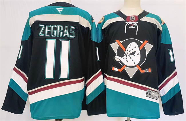 Men's Anaheim Ducks #11 Trevor Zegras Black Teal 2024-25 Stitched Jersey Men's Anaheim Ducks #11 Trevor Zegras Black Teal 2024-25 Stitched Jersey