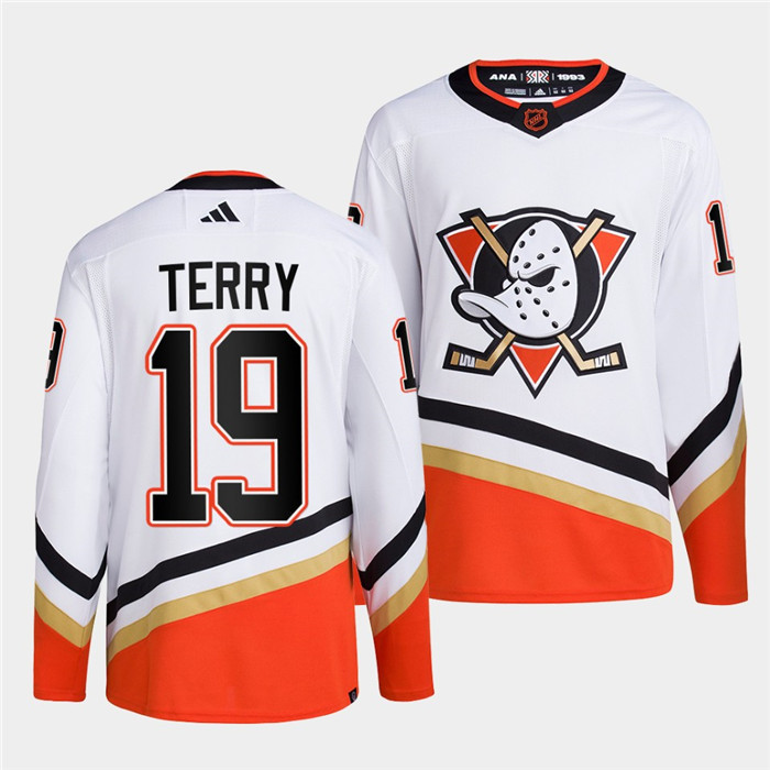 Men's Anaheim Ducks #19 Troy Terry White 2022-23 Reverse Retro Stitched Jersey Men's Anaheim Ducks #19 Troy Terry White 2022-23 Reverse Retro Stitched Jersey