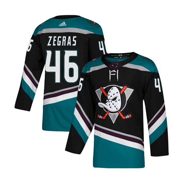 Men's Anaheim Ducks #46 Trevor Zegras Black Teal Stitched Jersey Men's Anaheim Ducks #46 Trevor Zegras Black Teal Stitched Jersey