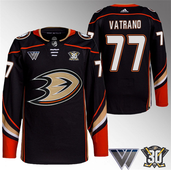 Men's Anaheim Ducks #77 Frank Vatrano Black 30th Anniversary Stitched Jersey Men's Anaheim Ducks #77 Frank Vatrano Black 30th Anniversary Stitched Jersey