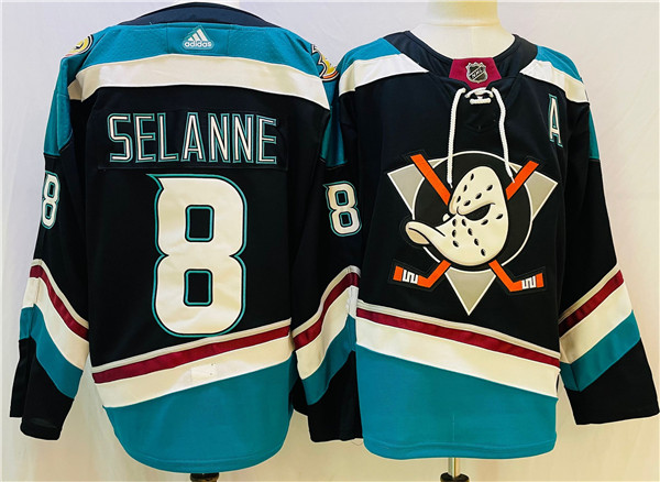 Men's Anaheim Ducks #8 Teemu Selanne Black Teal Stitched Jersey Men's Anaheim Ducks #8 Teemu Selanne Black Teal Stitched Jersey