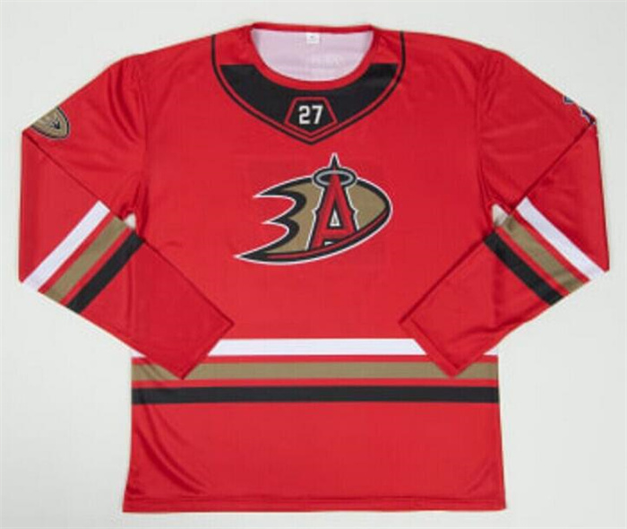 Men's Anaheim Ducks X Los Angeles Angels #27 Mike Trout Red Stitched Jersey Men's Anaheim Ducks X Los Angeles Angels #27 Mike Trout Red Stitched Jersey