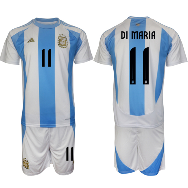 Men's Argentina #11 Di Maria White Blue 2024-25 Home Soccer Jersey Suit