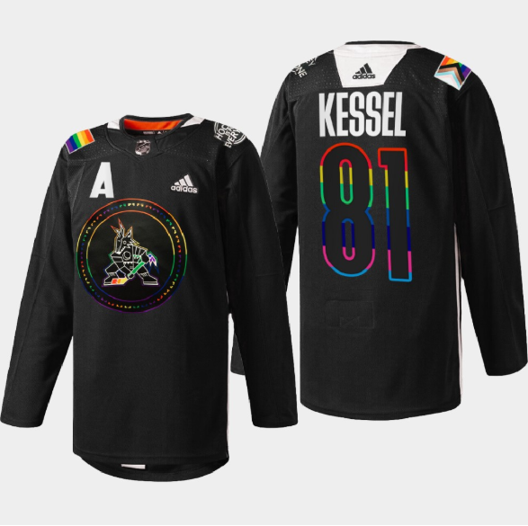 Men's Arizona Coyotes #81 Phil Kessel 2022 Black Pride Night Stitched Jersey Men's Arizona Coyotes #81 Phil Kessel 2022 Black Pride Night Stitched Jersey