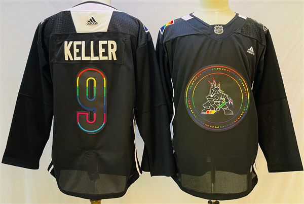 Men's Arizona Coyotes #9 Clayton Keller 2022 Black Pride Night Stitched Jersey Men's Arizona Coyotes #9 Clayton Keller 2022 Black Pride Night Stitched Jersey