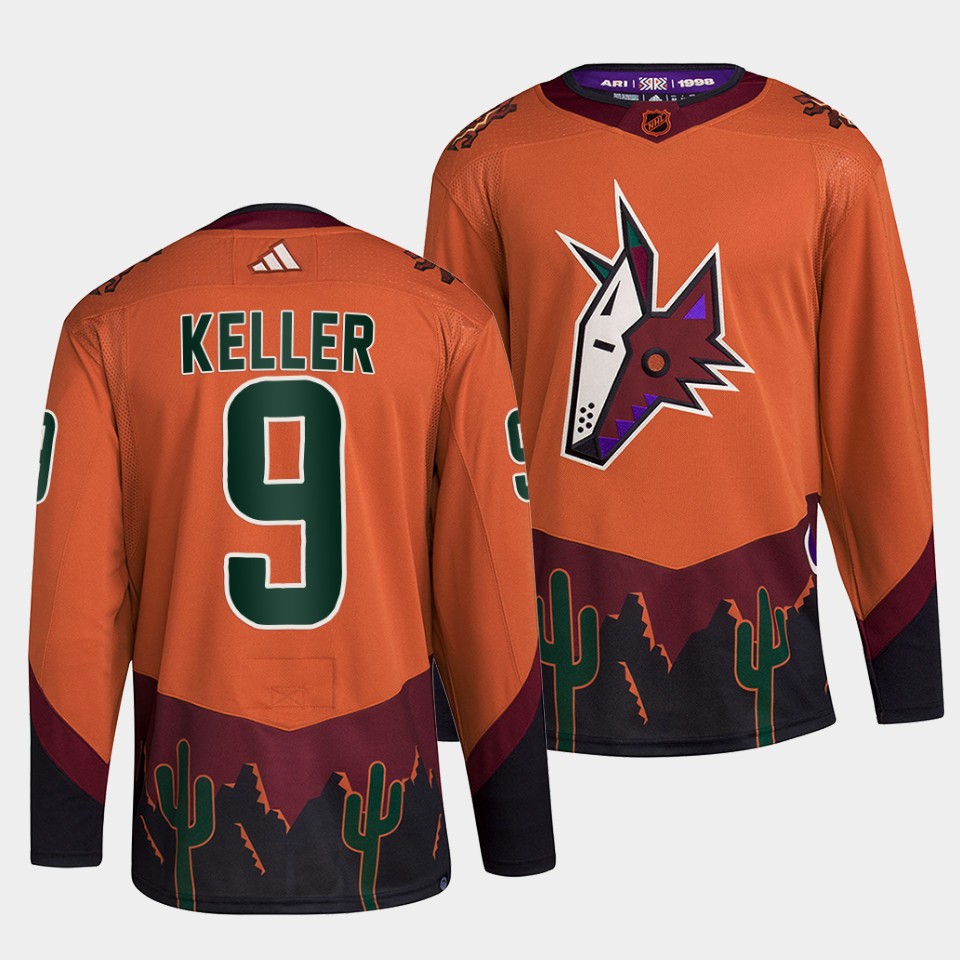 Men's Arizona Coyotes #9 Clayton Keller Orange 2022-23 Reverse Retro Stitched Jersey Men's Arizona Coyotes #9 Clayton Keller Orange 2022-23 Reverse Retro Stitched Jersey