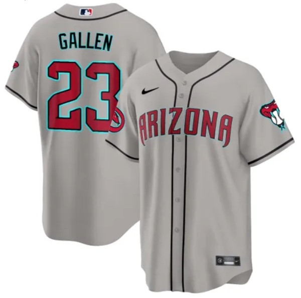 Men's Arizona Diamondbacks #23 Zac Gallen 2023 24 Gray Cool Base Stitched Baseball Jersey Men's Arizona Diamondbacks #23 Zac Gallen 2023 24 Gray Cool Base Stitched Baseball Jersey