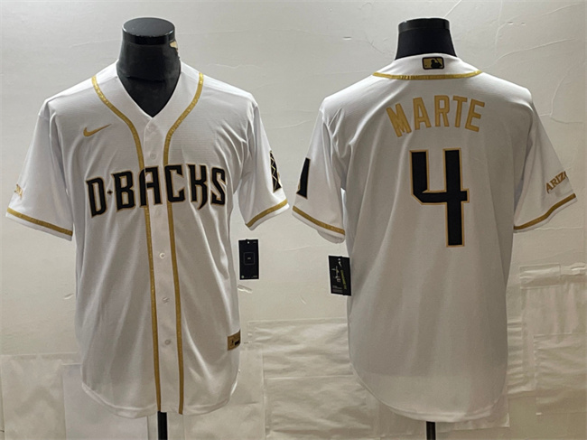 Men's Arizona Diamondbacks #4 Ketel Marte White Gold Cool Base Stitched Baseball Jersey Men's Arizona Diamondbacks #4 Ketel Marte White Gold Cool Base Stitched Baseball Jersey