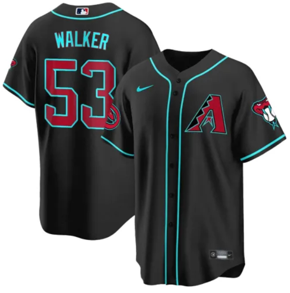 Men's Arizona Diamondbacks #53 Christian Walker 2023 24 Black Cool Base Stitched Baseball Jersey Men's Arizona Diamondbacks #53 Christian Walker 2023 24 Black Cool Base Stitched Baseball Jersey