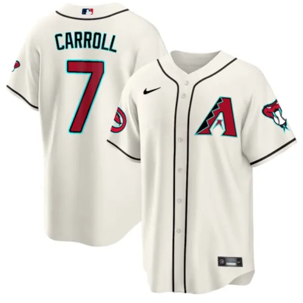 Men's Arizona Diamondbacks #7 Corbin Carroll 2023 24 Cream Cool Base Stitched Baseball Jersey Men's Arizona Diamondbacks #7 Corbin Carroll 2023 24 Cream Cool Base Stitched Baseball Jersey