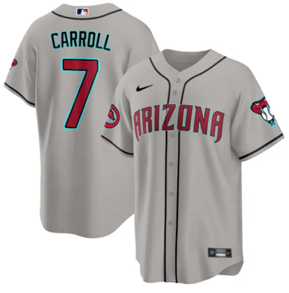 Men's Arizona Diamondbacks #7 Corbin Carroll 2023 24 Gray Cool Base Stitched Baseball Jersey Men's Arizona Diamondbacks #7 Corbin Carroll 2023 24 Gray Cool Base Stitched Baseball Jersey