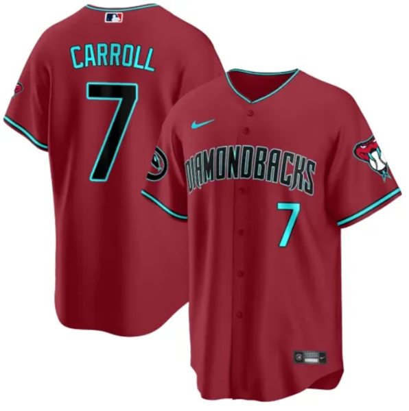 Men's Arizona Diamondbacks #7 Corbin Carroll 2023 24 Red Cool Base Stitched Baseball Jersey Men's Arizona Diamondbacks #7 Corbin Carroll 2023 24 Red Cool Base Stitched Baseball Jersey