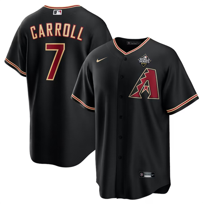 Men's Arizona Diamondbacks #7 Corbin Carroll Black 2023 World Series Cool Base Stitched Baseball Jersey Men's Arizona Diamondbacks #7 Corbin Carroll Black 2023 World Series Cool Base Stitched Baseball Jersey