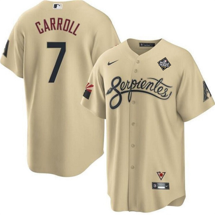 Men's Arizona Diamondbacks #7 Corbin Carroll Gold 2023 World Series City Connect Cool Base Stitched Baseball Jersey Men's Arizona Diamondbacks #7 Corbin Carroll Gold 2023 World Series City Connect Cool Base Stitched Baseball Jersey