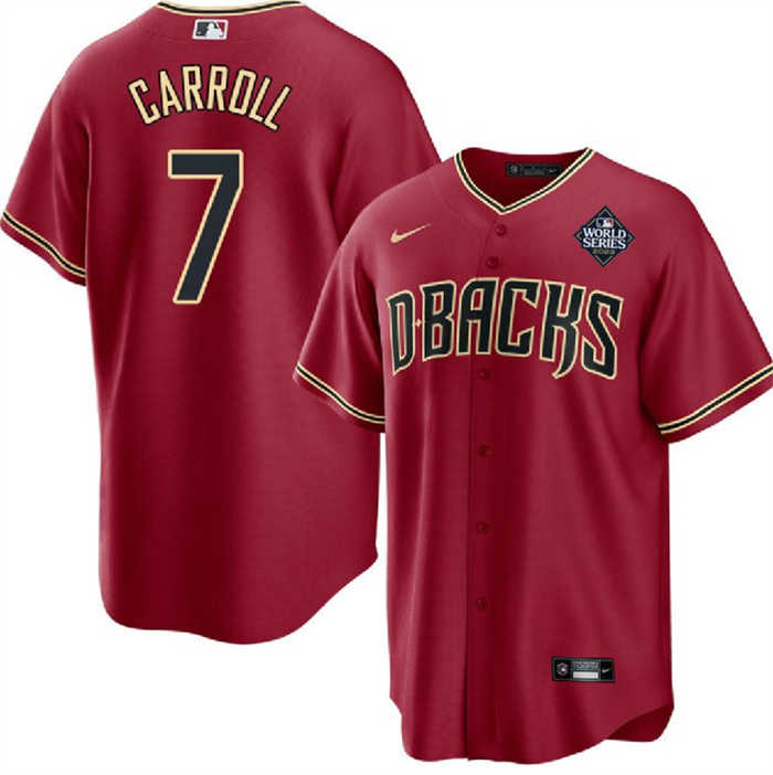 Men's Arizona Diamondbacks #7 Corbin Carroll Red 2023 World Series Cool Base Stitched Baseball Jersey Men's Arizona Diamondbacks #7 Corbin Carroll Red 2023 World Series Cool Base Stitched Baseball Jersey