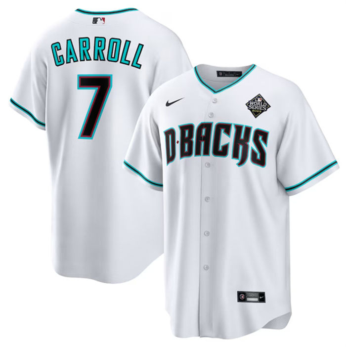 Men's Arizona Diamondbacks #7 Corbin Carroll White 2023 World Series Cool Base Stitched Baseball Jersey Men's Arizona Diamondbacks #7 Corbin Carroll White 2023 World Series Cool Base Stitched Baseball Jersey