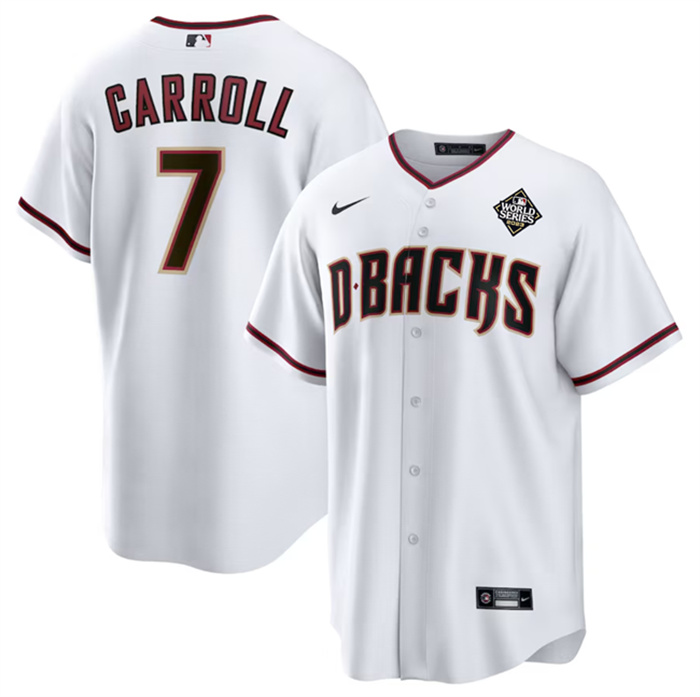 Men's Arizona Diamondbacks #7 Corbin Carroll White 2023 World Series Home Cool Base Stitched Baseball Jersey Men's Arizona Diamondbacks #7 Corbin Carroll White 2023 World Series Home Cool Base Stitched Baseball Jersey