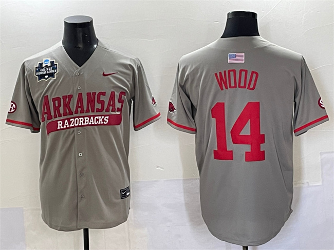 Men's Arkansas Razorbacks #14 Gage Wood Grey 2025 World Series & SEC Patch Stitched Jersey Men's Arkansas Razorbacks #14 Gage Wood Grey 2025 World Series & SEC Patch Stitched Jersey
