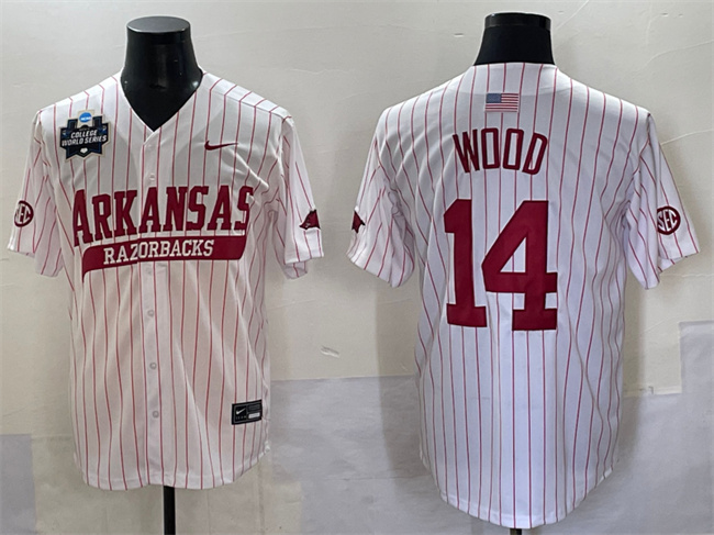 Men's Arkansas Razorbacks #14 Gage Wood White Pinstripe 2025 World Series & SEC Patch Stitched Jersey Men's Arkansas Razorbacks #14 Gage Wood White Pinstripe 2025 World Series & SEC Patch Stitched Jersey